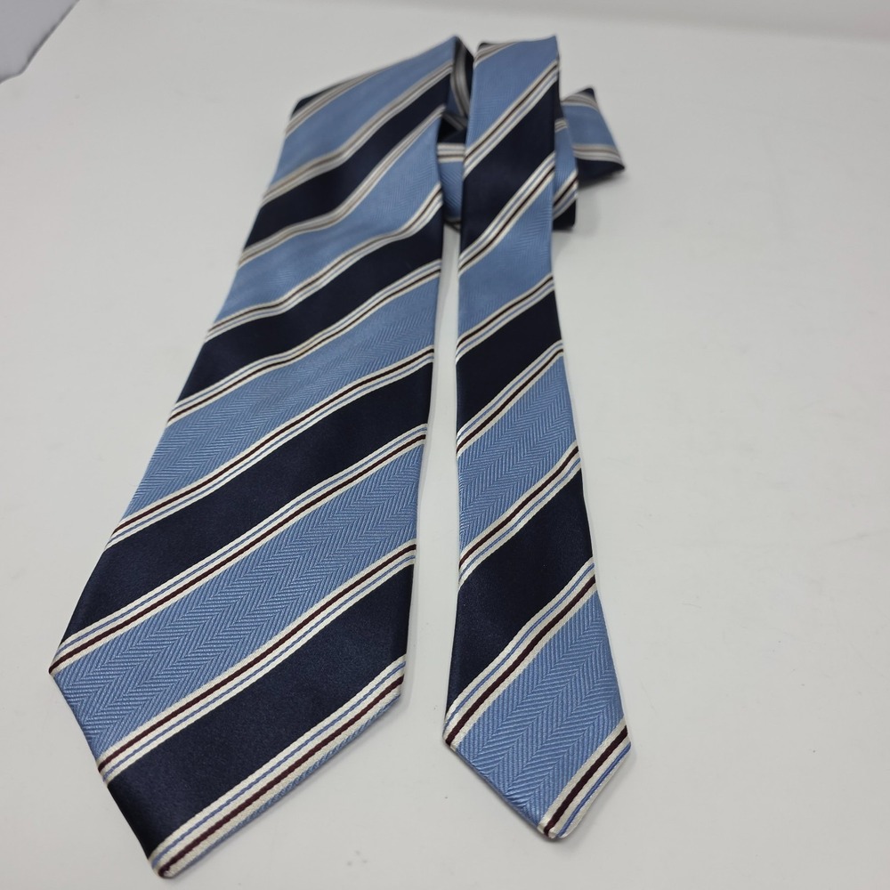 Ermenegildo Zegna Tie Mens Navy Blue Striped Silk Blend Italy Made Long 60" - Picture 2 of 4